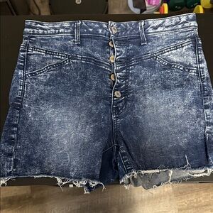 American Eagle Outfitters Distressed Dark Blue Button-Front Jean Shorts